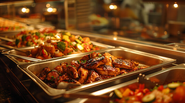 The image depicts a buffet table adorned with an array of delicious dishes, illuminated by soft lighting.