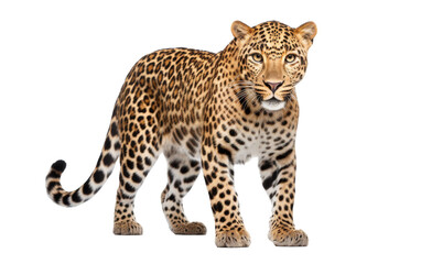 A large leopard stands proudly on a white surface, its powerful presence captivating all who observe