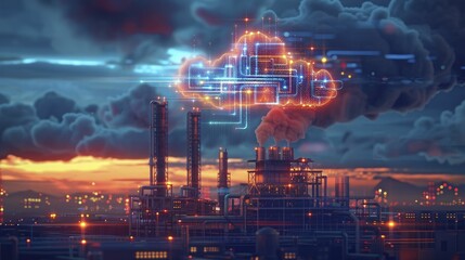 A factory silhouette creatively crafted from a cloud, set against a cloud computing backdrop, portraying cloud technology's impact on production.