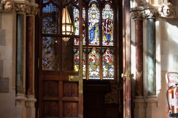 stained window in the town hall of rochdale - obrazy, fototapety, plakaty