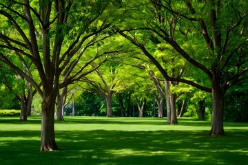Fototapeta na wymiar Lush green lawn and trees create a tranquil park scene