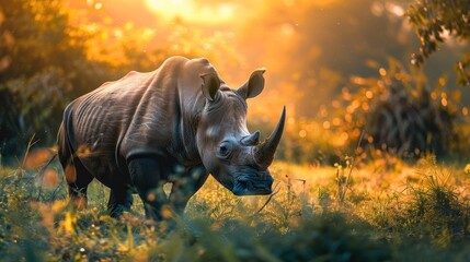 Animal wildlife photography rhino with natural sunny view background. AI generated image - obrazy, fototapety, plakaty