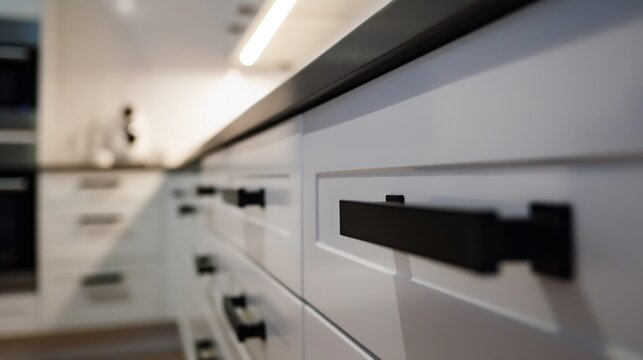 Close-up shot of newly installed kitchen cabinet with sleek black knobs. The photo showcases the modern design and craftsmanship of the cupboards, highlighting the attention to detail in the