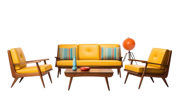A cozy living room featuring a vibrant yellow couch and two chairs
