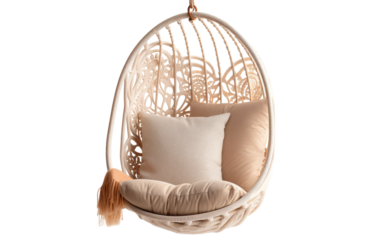 A hanging chair adorned with a plush cushion and pillow, inviting relaxation and tranquility