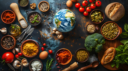 Earth globe surrounded by diverse food ingredients and utensils, representing world food day and flavorful international cuisine.