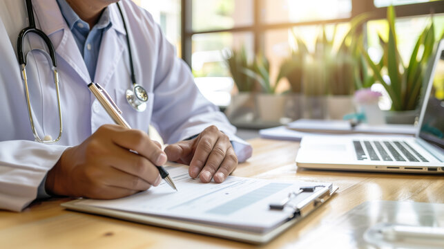 Medical Documentation. A doctor in a white coat with a stethoscope around the neck is writing on a clipboard. A laptop and other office supplies are visible on the desk.