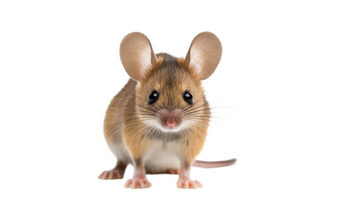 A playful brown and white mouse exploring a white background