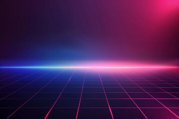 A captivating 80s retro synthwave background featuring a digital grid and a mesmerizing glowing light gradient. The center boasts a clear, dark space perfect for adding your own text - obrazy, fototapety, plakaty