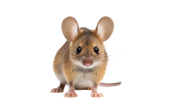 A playful brown and white mouse exploring a white background