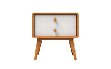 A white and wooden nightstand with two drawers in a softly lit room