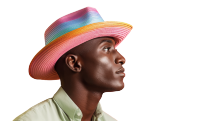 A man sporting a vibrant sombrero against a transparent background, showcasing his unique style and flair. The colorful hat adds a pop of fun to his ensemble on transparent