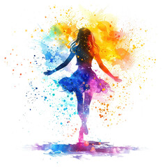 Dancing girl with colorful spots and splashes watercolor illustration.