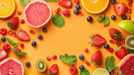 Creative layout made of fresh fruits and berries on color background, top view