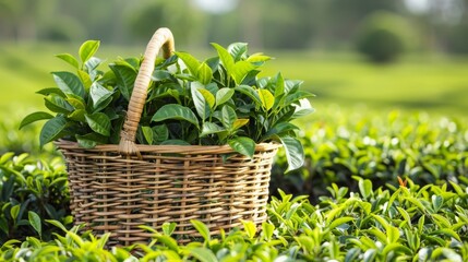 freshly picked tea leaves in a wicker basket against the background of a tea plantation