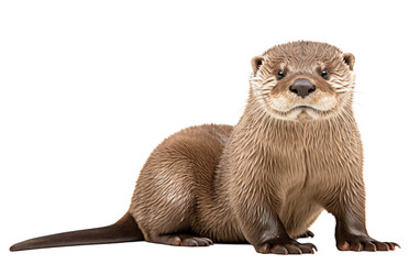 A close-up view of an adorable otter with whiskers, on a pure white backdrop - obrazy, fototapety, plakaty