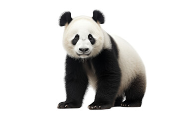 A majestic panda bear stands tall against a bright white background