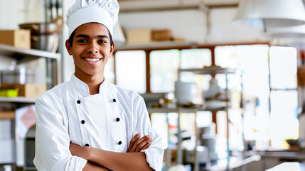 portrait of a young african american chef in his chef's jacket in the kitchen of a cooking school - cooking school and professional chef concept