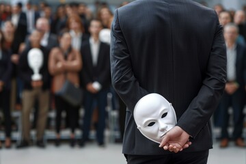 Deceitful businessman concealing mask amidst a gathering