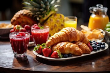 Delicious breakfast assortment in a stylish cafe or restaurant setting