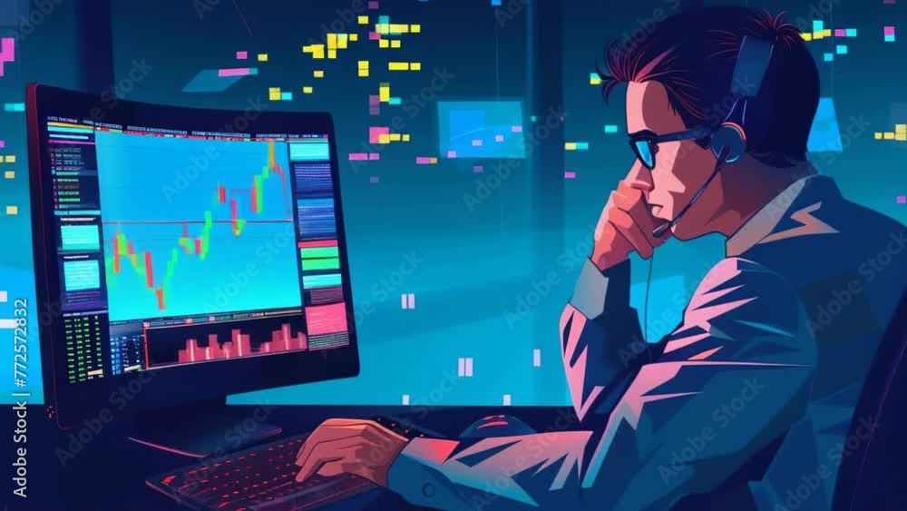 Poster a male trader sits in front of a monitor and analyzes the chart. vector illustration style.