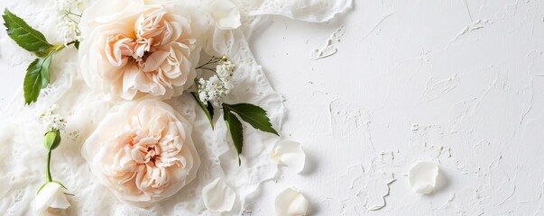 floral composition with pale pink roses and scattered petals against a textured white backdrop. Top view. Place for text. For posters, postcards, wallpaper banners, branding, backgrounds - Powered by Adobe