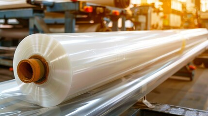 Industrial polyethylene film roll on production equipment. Production equipment winding a large roll of clear plastic film in a factory