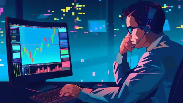 A male trader sits in front of a monitor and analyzes the chart. vector illustration style.