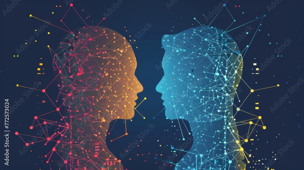 Poster digital human and robot interaction against a dark background