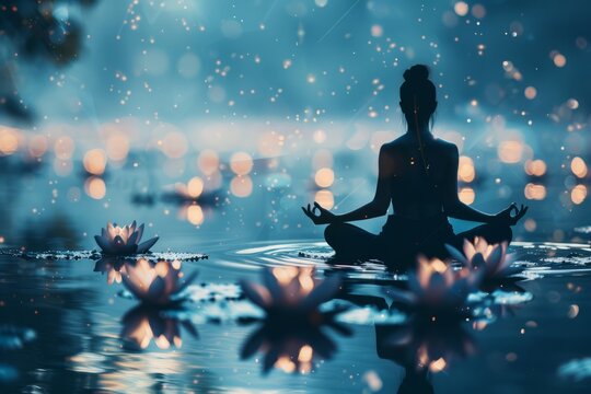 Silhouette of young woman practicing yoga in the lotus position in the lotus pond.