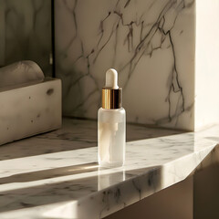 Minimalist Serum Bottle on Marble Countertop, marble bathroom, natural light, elegant skincare product