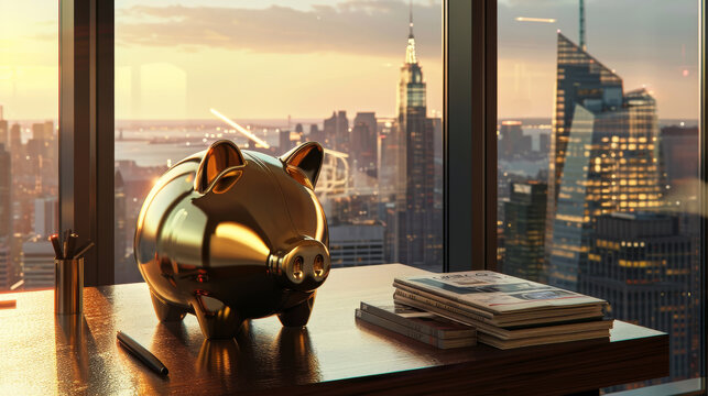 Golden piggy bank on desk, window view of city, finance theme. Sleek golden piggy, desk by window, signifies wealth growth.