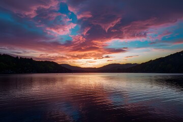 Naklejka premium Publish Breathtaking sunset paints the sky with vibrant colors over the lake