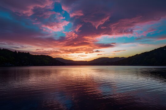 Publish Breathtaking sunset paints the sky with vibrant colors over the lake