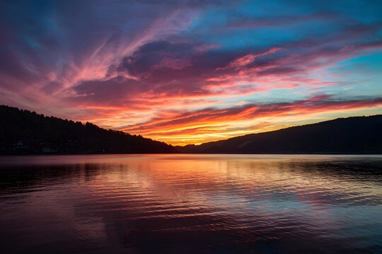Publish Breathtaking sunset paints the sky with vibrant colors over the lake