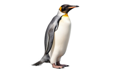 A penguin stands gracefully on a snowy white ground, surveying its icy surroundings