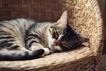 Naklejka na ściany i meble Relaxed cat enjoys a peaceful nap in a cozy setting