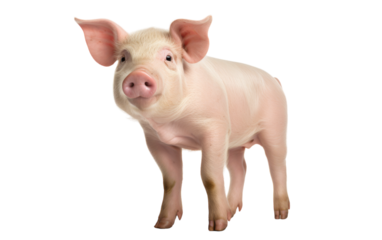 A small pig confidently stands up on its hind legs against a plain white background