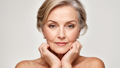 Portrait of an elderly woman with a serene expression. Her blonde hair is neatly styled, accentuating her clear skin, and subtle makeup accentuating her natural beauty.