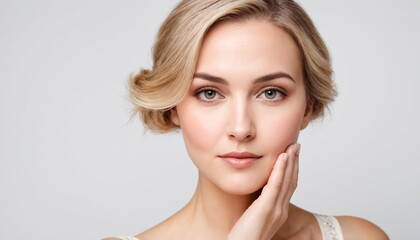 Portrait of a young woman with a serene expression. Her blonde hair is neatly styled, accentuating her clear skin, and subtle makeup accentuating her natural beauty.