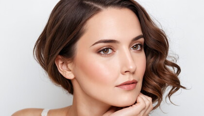 Portrait of a young woman with a serene expression. Her brown hair is neatly styled, highlighting her clear skin, soft brown eyes and subtle makeup that accentuates her natural beauty.