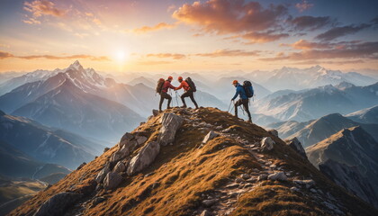 Climbers with backpacks and equipment climb the steep rocky slope of the mountain range. The sun is setting in the background, flooding the sky and surrounding peaks with a golden glow. - obrazy, fototapety, plakaty