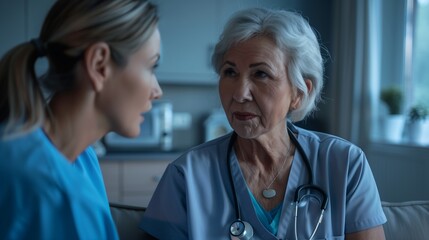 Fototapeta premium A middle-aged nurse offers assistance to an elderly female doctor. Generated by artificial intelligence. 
