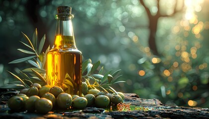 Olive oil set. Glass bottle of olive oil with olives. A drop of olive oil close-up