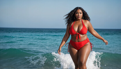 A black woman poses on a sandy beach wearing a red bikini. The clear blue sky and calm ocean waters create a serene backdrop.