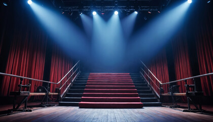 A beautifully lit, empty theater stage awaits a performance with red curtains and a grand staircase under blue spotlights.