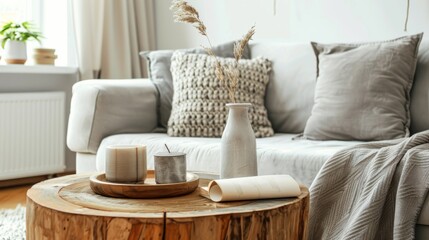 Fototapeta premium Cozy interior with round wooden table, grey sofa, and decorative items