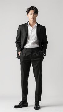 Young Asian Businessman In Black Suit Isolated On White Background, Full Body.