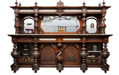 A large wooden cabinet with a mirror on top of it, casting a reflection in a magical setting