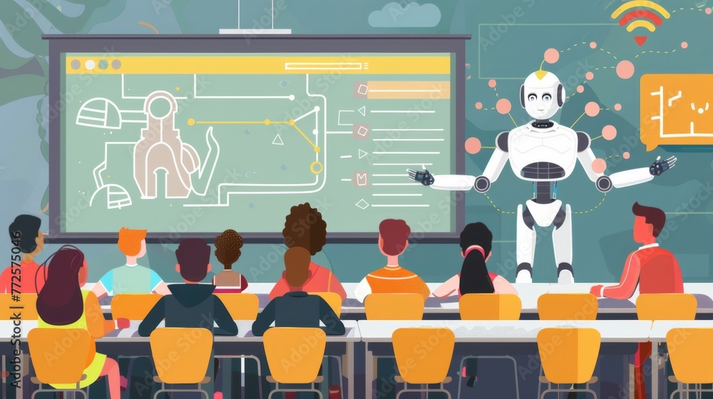 Poster robot educator engages students in a modern classroom